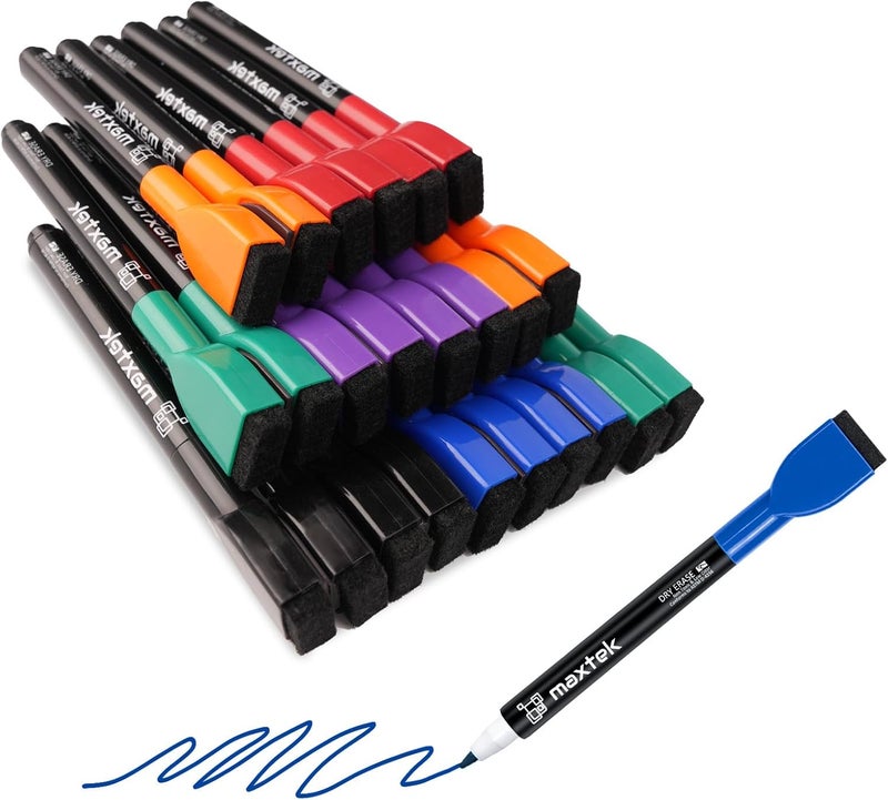 maxtek 24 Count Magnetic Dry Erase Markers, Fine Tip, 6 Colors Whiteboard Markers with Built-in Eraser, Low Odor Thin Markers - Image 1